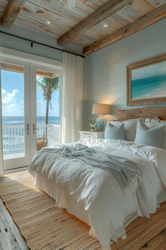 A bright bedroom with white bed linen, wooden beams and a large painting on the wall. Through the glass doors you can enjoy the view of the sea and a palm tree can be seen outside.