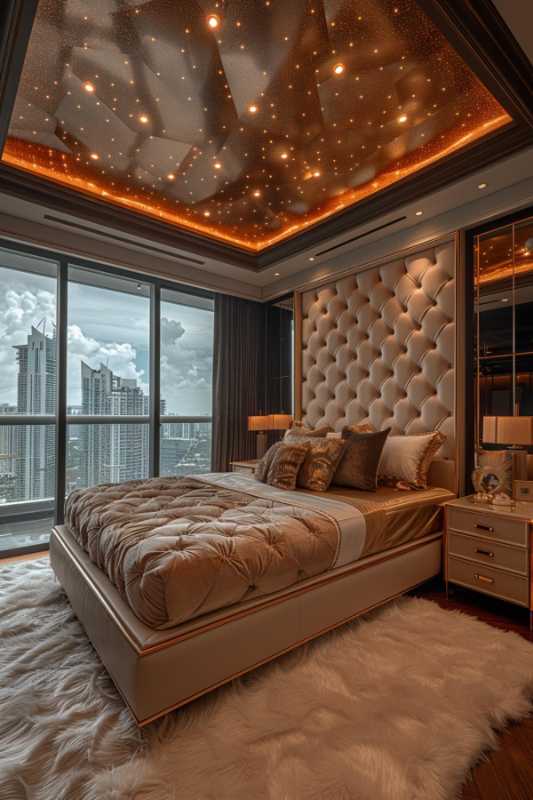 Luxurious bedroom with a fragrant bed, fluffy accompanying carpet and illuminated, star -shaped ceiling. The large window offers a view of the city's skyscrapers.