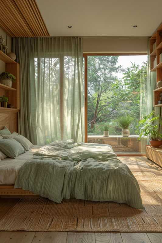 A sun -drenched bedroom with a double bed, light green bed linen, transparent curtains and potted plants. A large window releases the view of the forest.