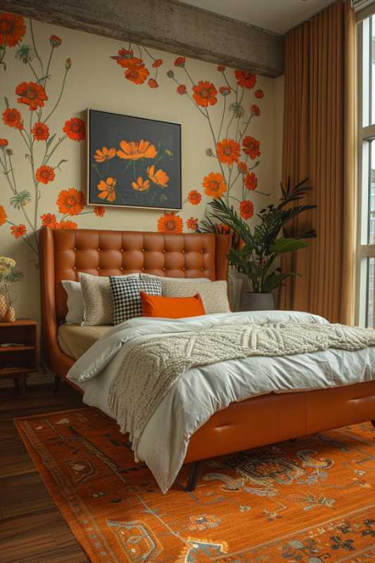 A bedroom with orange decor, a padded bed with white and orange bed linen, a wallpaper and a painting with orange flowers. There is a plant and a large window with curtains.