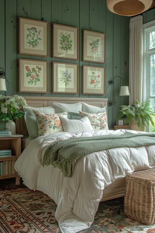 A cozy bedroom with green walls, a white bed, flower pillow, botanical prints above the headboard, a small bedside table with books, a willow basket and large windows that let out natural light.