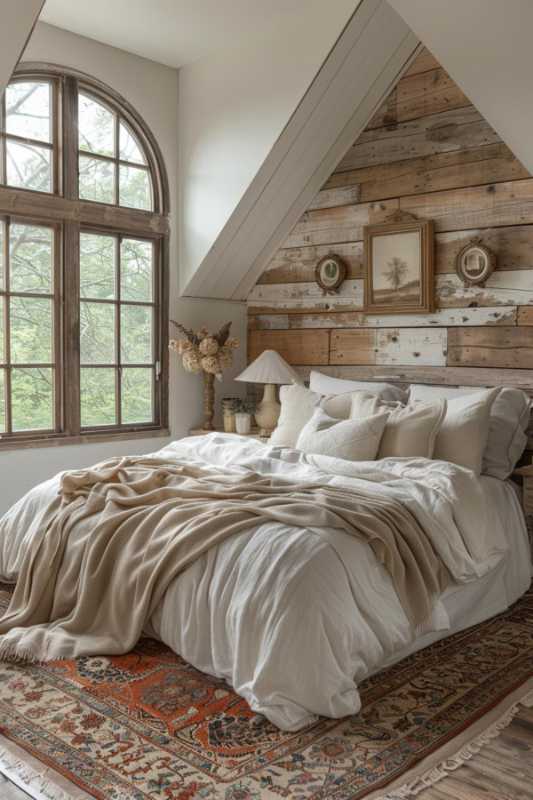 A cozy bedroom with an accent wall made of wood, a double bed with white bed linen, beige blankets, an arched window and framed works of art. The floor is designed with a patterned carpet.