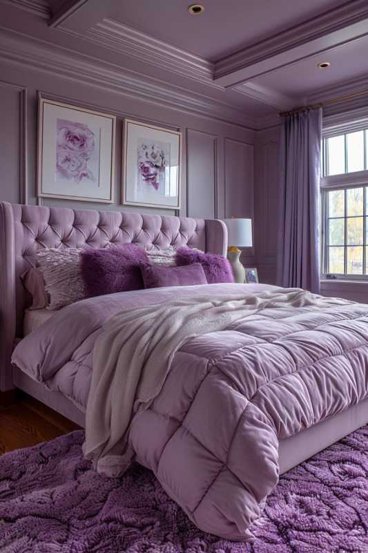 A bedroom with purple walls and ceiling, a large bed with a fragrant headboard, purple bed linen, two framed flower pictures, a window with purple curtains and a lavender carpet on a wooden floor.