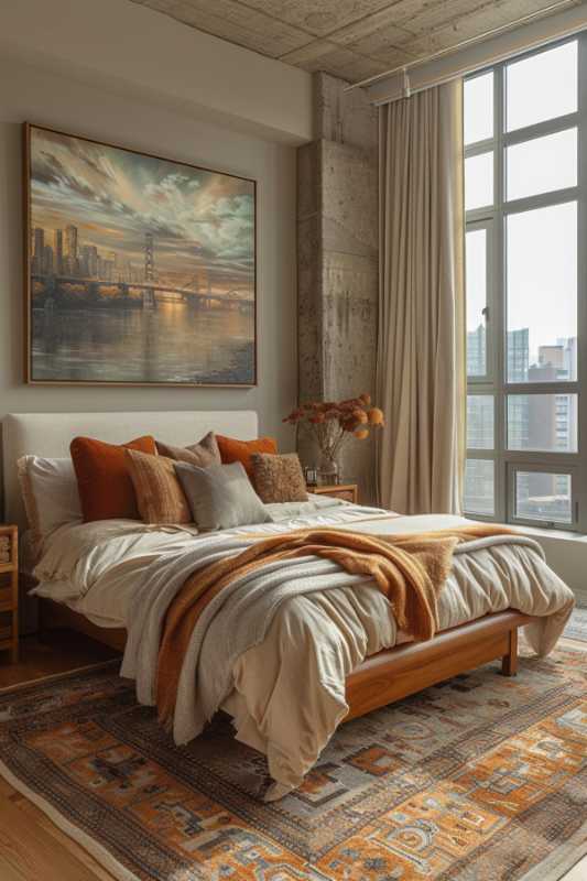 A cozy bedroom with a large window, a bed with orange and beige pillows and ceilings, a cityscape on the wall and a complex patterned carpet on the wooden floor.