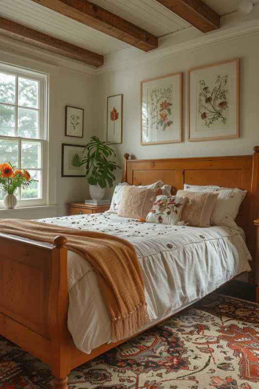 A cozy bedroom with a wooden bed, wall art with botanical motifs, a patterned carpet, a white-orange daily blanket and a plant on a bedside table next to a window with a view of the green outside.