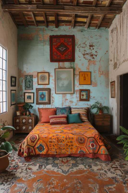 A cozy bedroom with a colorful daily blanket, various framed works of art on walls in the used look, a wooden ceiling, plants and natural light through a large window.