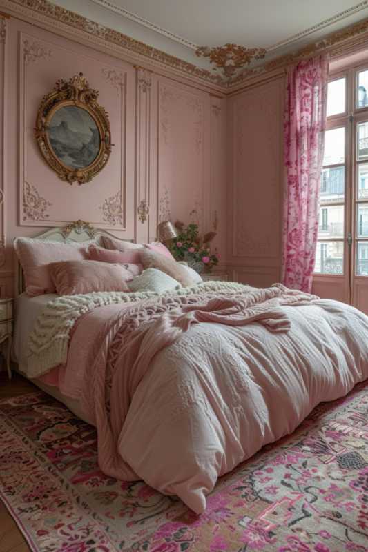 A bedroom with decorated pink walls, a large bed with pink bed linen and pillows, a mirror in the vintage style above the headboard, curtains with flower pattern and a window with a view of the buildings outside.