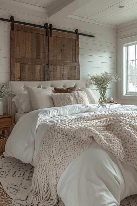 A cozy bedroom with a white bed, a headboard with wooden sliding door and a large window. The bed is equipped with soft pillows and a roughly knitted ceiling, flowers lie on the bedside tables.