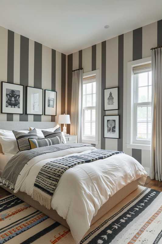 A bedroom with striped walls and framed pictures, two windows, a bed with patterned bed linen, a bedside table with lamp and a patterned carpet on the floor.