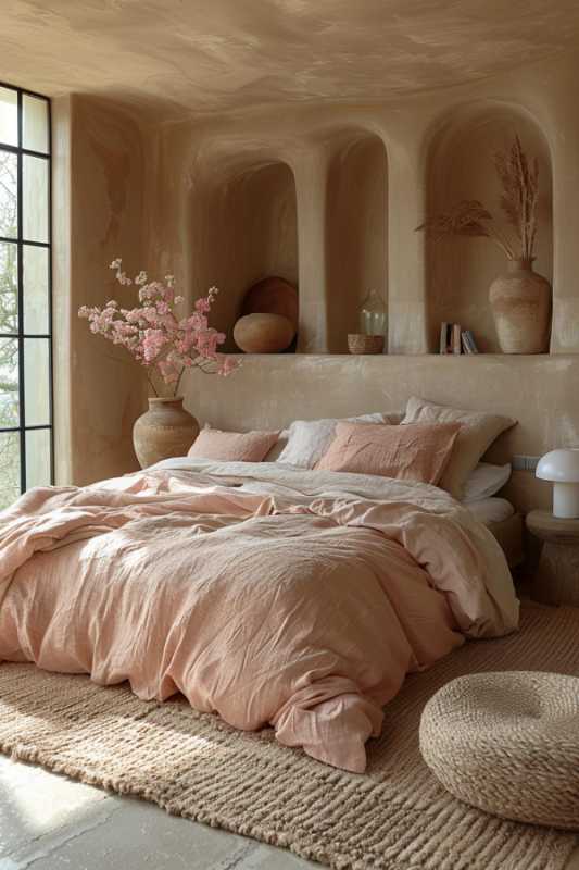 A cozy bedroom with a bed made of pale peach -colored bed linen, a woven carpet and decorative pottery on shelves. Large windows let the room flood with natural light.