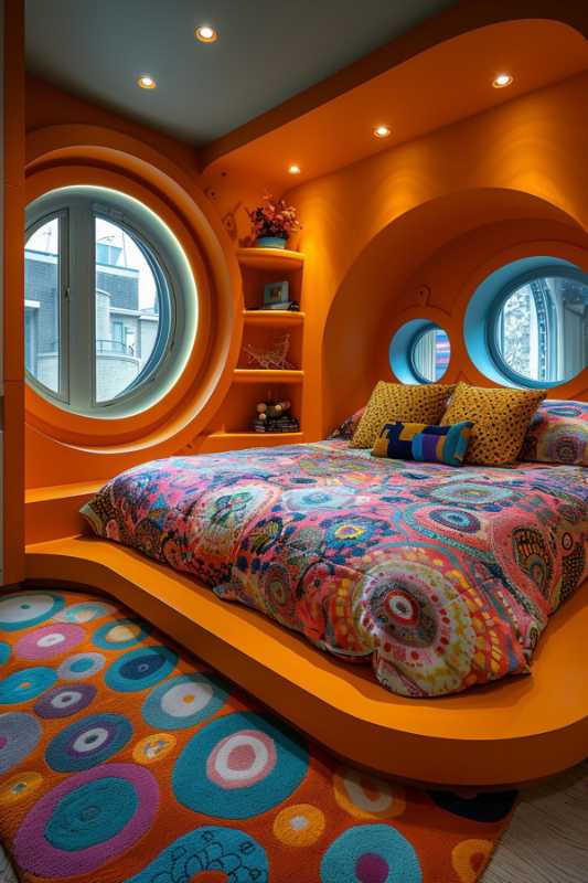 A bedroom with bright orange walls, a bed with a colorful daily blanket with circular pattern, round windows, built -in shelves and a suitable carpet with a circle pattern.