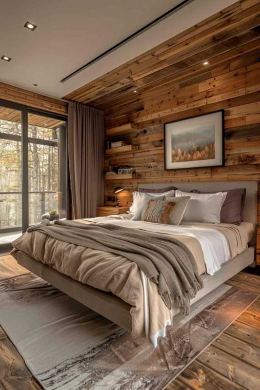 A cozy bedroom with wooden furnishings, a large bed with a neutral bed linen, a murals and a glass door that leads to the outdoor area.