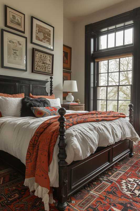 A bedroom with a wooden bed frame, white bed linen and orange patterned accents. You can also see a large window, various framed works of art, a table lamp and a patterned carpet.