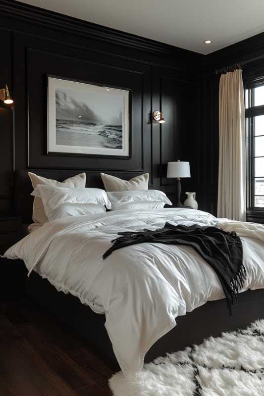 A modern bedroom with black walls, white bed linen and a dark wooden bed frame. There is a black ceiling on the bed, a framed sea photo on the wall and a white lamp on the bedside table.