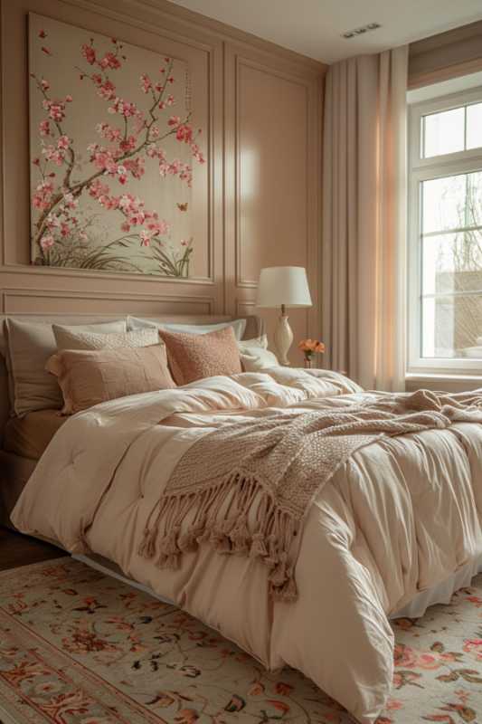 A cozy bedroom with a gentle pink and beige color palette, a neatly made bed with accent cushion and a knitting overload, a large flower painting over the bed and a window with transparent curtains.