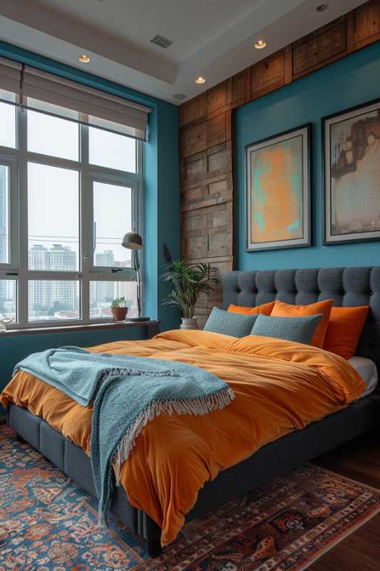 A bedroom with a view of the city has a blue upholstered bed, orange bed linen and a blue overnight ceiling, supplemented by an accent wall made of wood, <a href=