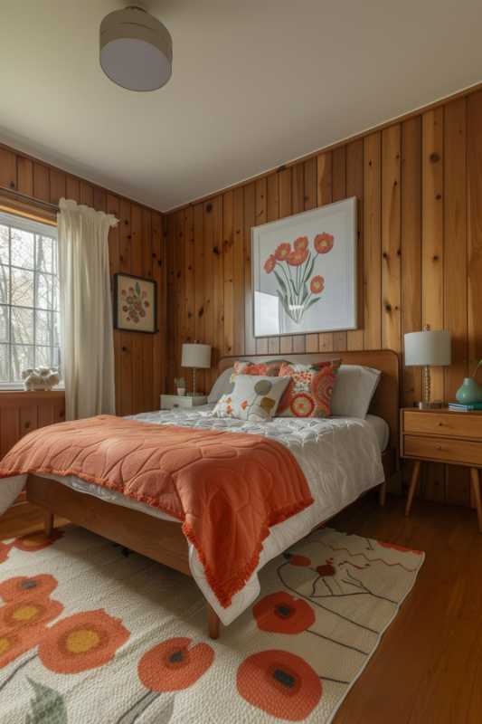 A bedroom with wooden walls, a bed with an orange-white duvet, suitable flower pillows and works of art. There is a window with white curtains, bedside tables and a flower carpet.