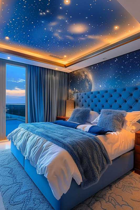 A luxurious bedroom with a starry night hinge blanket, blue bed linen and a large window with a view of the sunset.