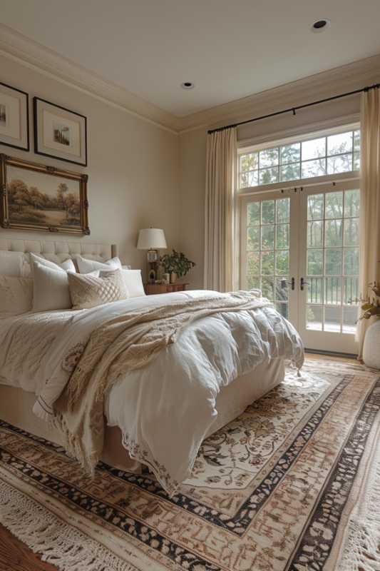 A cozy bedroom with a large bed with white bed linen and beige blankets, framed works of art over the headboard, a carpet under the bed and high windows with beige curtains.