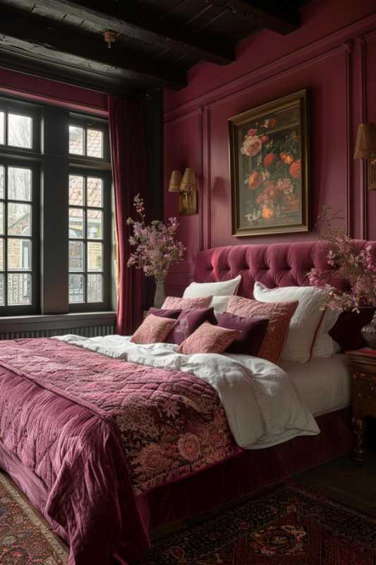 A bedroom with chestnut brown walls has a large window, a bed with chestnut brown and white bed linen, matching pillows, flower art works above the headboard and two wall lights.