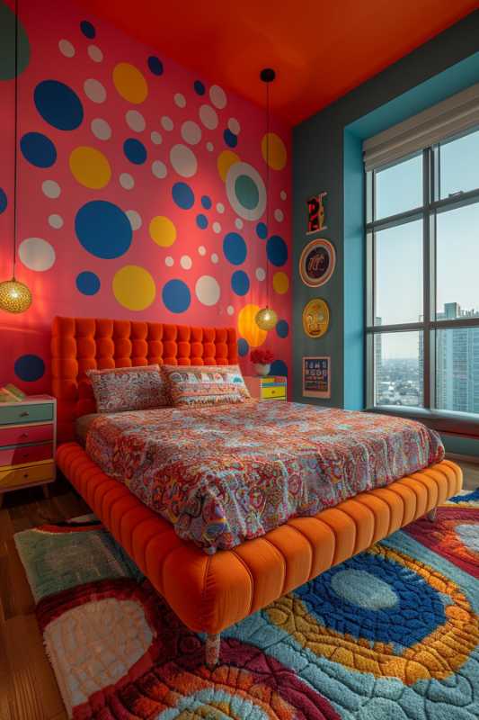 A colorful bedroom with an orange bed, a dotted pink wall, a patterned daily blanket, pendant lights, colorful decor and a large window.