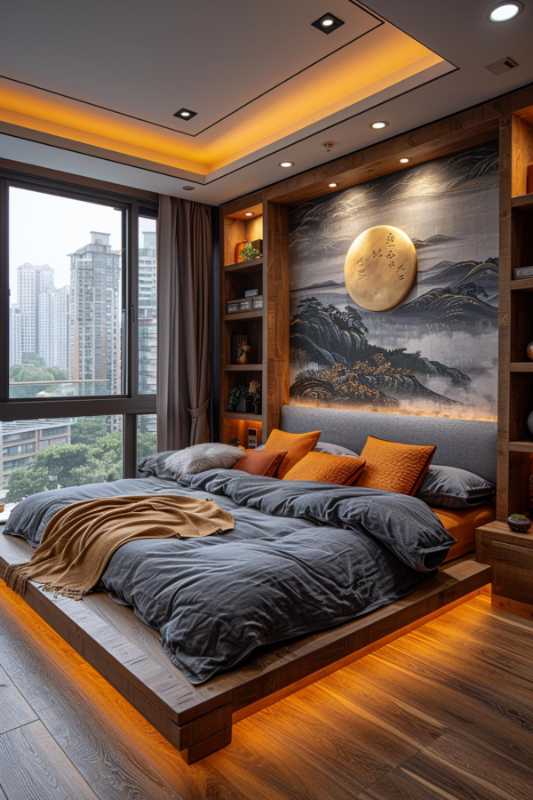 A modern bedroom has a large bed with gray and orange bed linen, wooden accents, built -in shelves and a picturesque murals. A large window offers city views. Warm light creates a cozy atmosphere.