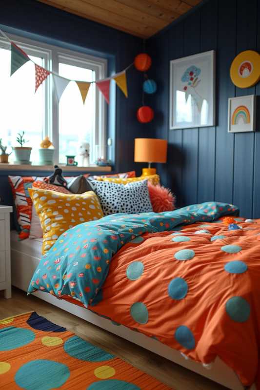 A colorful bedroom with a dotted duvet, patterned pillow, a bedside table with lamp, pennant banners, framed art and paper lantern decorations on dark blue paneled walls.