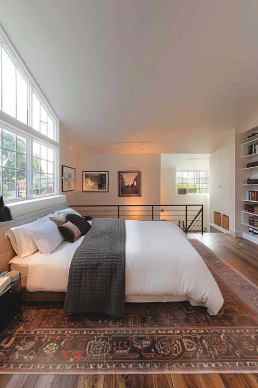 A modern bedroom with a large bed, gray bed linen and an oriental carpet. The room is well lit, has large windows and is decorated with framed works of art on the walls. There is a staircase and a shelf in the background.