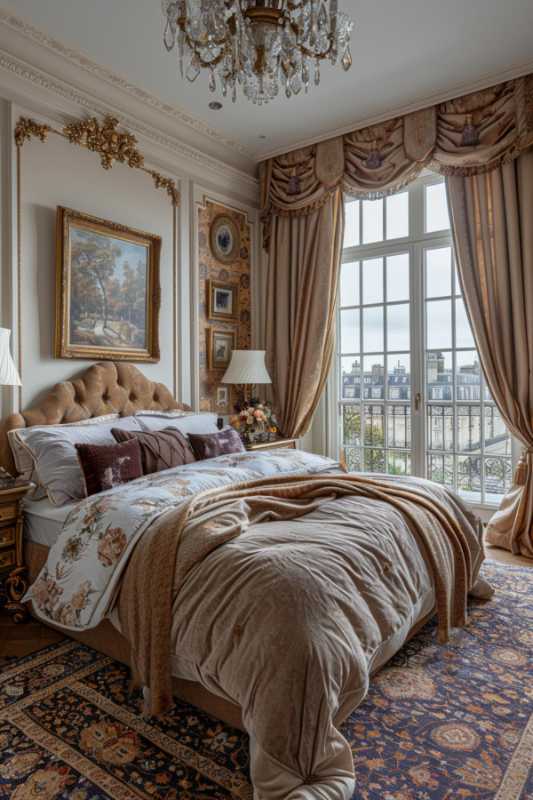 An elegantly furnished bedroom has a large bed with soft bed linen, artistic curtains, chandeliers, framed works of art and a view of the city landscape through large windows.