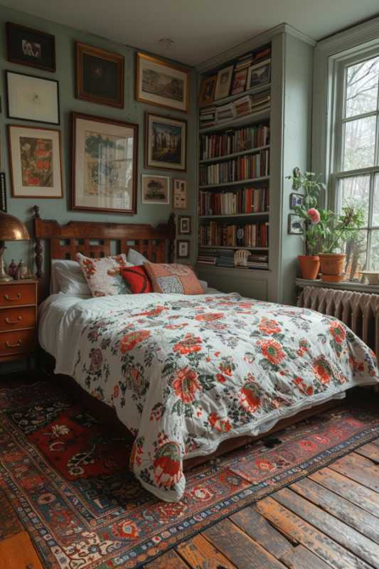 A cozy bedroom with a daily ceiling with flower pattern, a wooden bed frame, bookshelves, various framed works of art on the walls and a window with potted plants. The room has wooden floors and a patterned carpet.