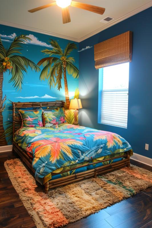 A bedroom with a tropical topic has a bed with bed linen with palm pattern, a murals with palm trees, a ceiling fan and a window with a bamboo jalousie.