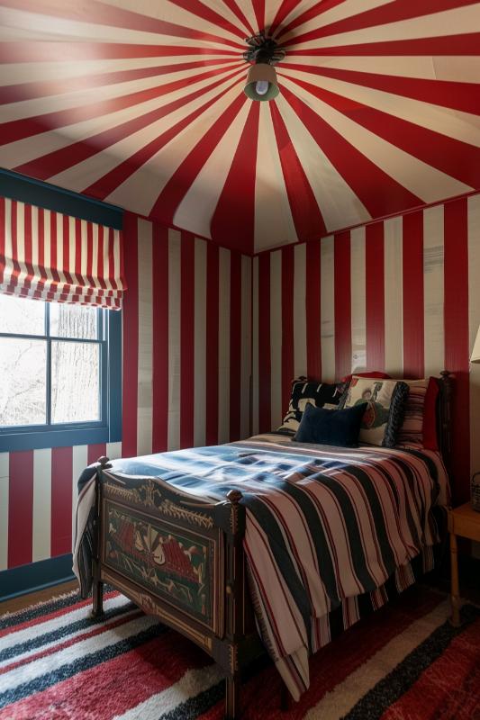 Bedroom with red and white striped walls and ceiling, a small bed with striped bed linen, a striped carpet, a window with striped curtains and a ceiling light.