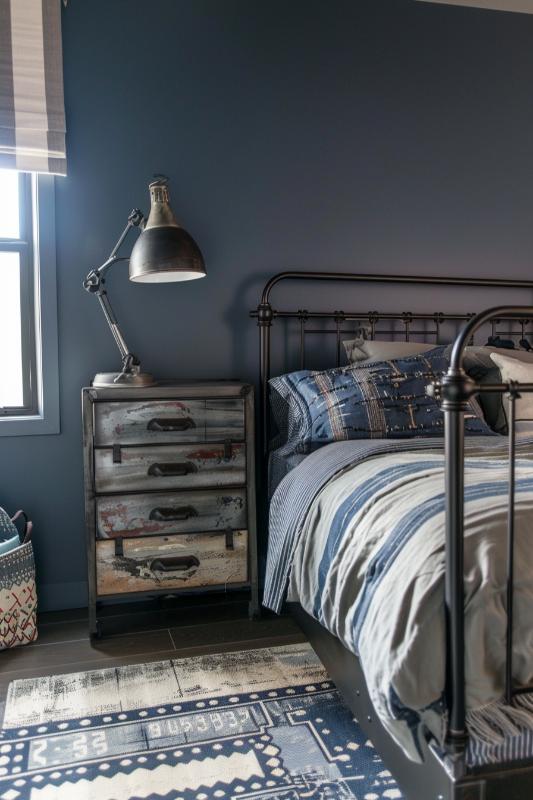 Bedroom with a metal bed frame, patterned bed linen, a bed table in a used look with a large industrial lamp and a patterned carpet. Blue walls and a window on the left.