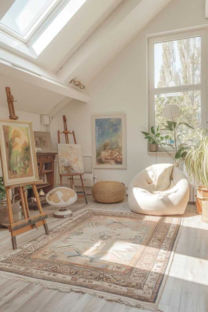 A well -lit art studio with large windows offers paintings on the season, a patterned carpet on a wooden floor, a potted plant and a padded chair.