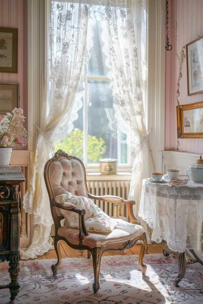 A vintage armchair with a floral pillow is a sunlit window with lace curtains in a cozy, ancient room. A round table with a pointed table blanket contains a tea set.