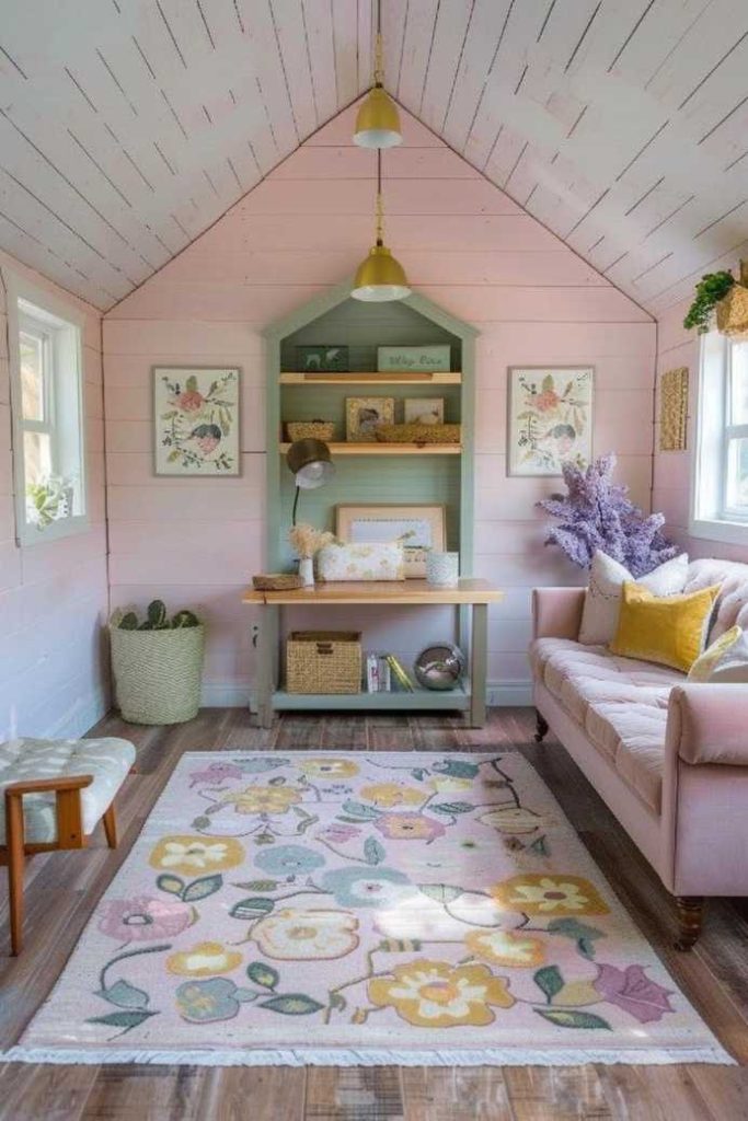 A cozy room with a pastel topic with pink walls, floral decor, a small wooden desk, a pink sofa, yellow trailer lights and a carpet with flower pattern. Shelves and a small bank complete the room.