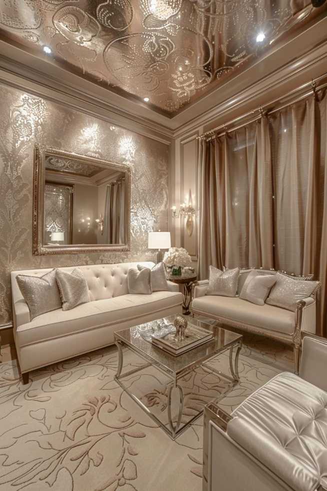 A luxurious living room with a tired white sofa and a love seat, silver and metallic decor, a decorated mirror, a glass couch table and patterned wallpaper and blanket, illuminated by soft lighting.