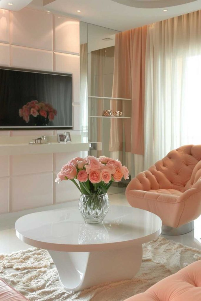 A modern living room with a white table with a vase made of pink and orange flowers, a peach -colored chair, a television mounted on the wall, sheer curtains and shelves with decorative objects.