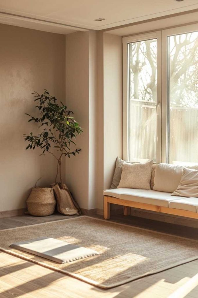 A minimalistic space with a large window, a wooden bench with pillows, a potted plant and a carpet on the floor. Sunlight flows through the window.