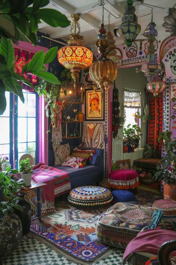 A colorful, versatile living room with living lanterns, patterned textiles, inner plants and a blue sofa. The room has a mixture of Moroccan -inspired decor and mosaic floor.