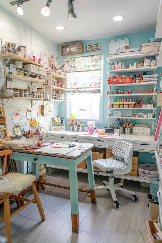 A well -organized craft room with shelves with different supplies, a work table and a padded chair. A window with patterned blind leaves natural light into the room.