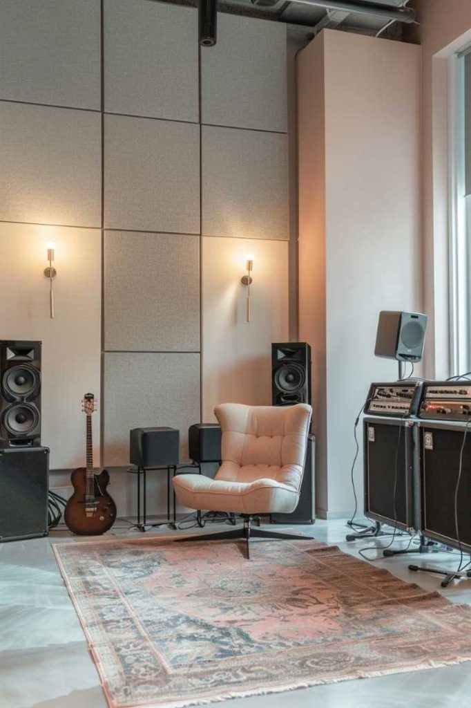 A cozy music studio with wall mounted lights, a plush chair, several speakers, a vintage amplifier and a patterned carpet. A guitar rests against one of the speakers.