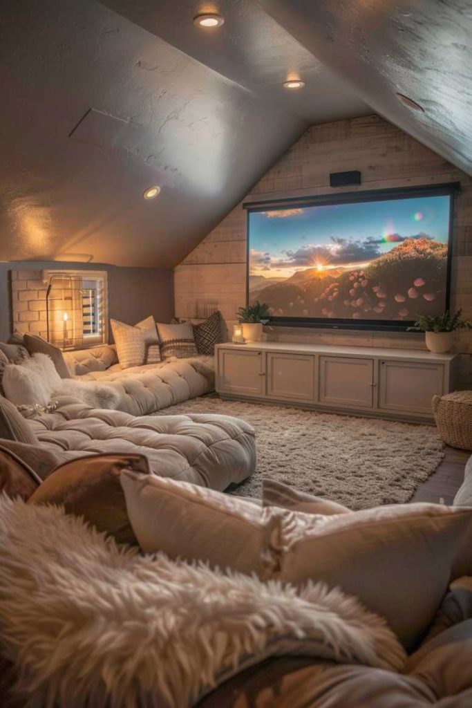 A cozy attic cinema with a large screen that shows a picturesque picture, surrounded by plush seating, pillows, soft lighting and decorative plants.