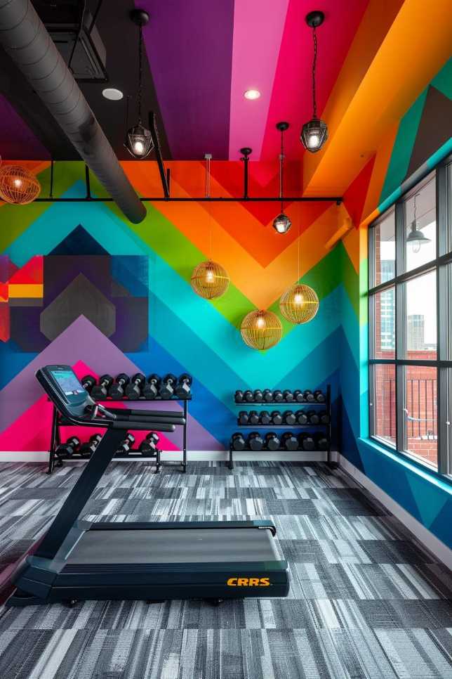 A brightly colored fitness room with a treadmill, weights on racks, geometric rainbow wall art and hanging lights. Large window on the right.