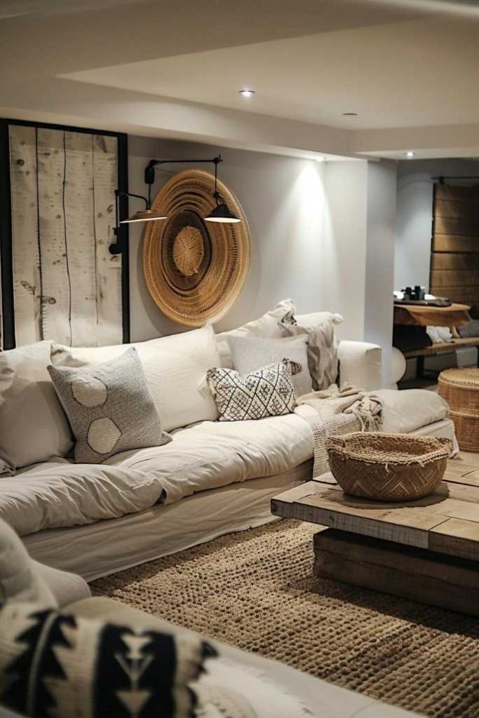 A cozy living room with a white sofa, patterned pillow, a wooden coffee table, basket basket and decor mounted on the wall, including a circular woven piece and a large framed work of work.