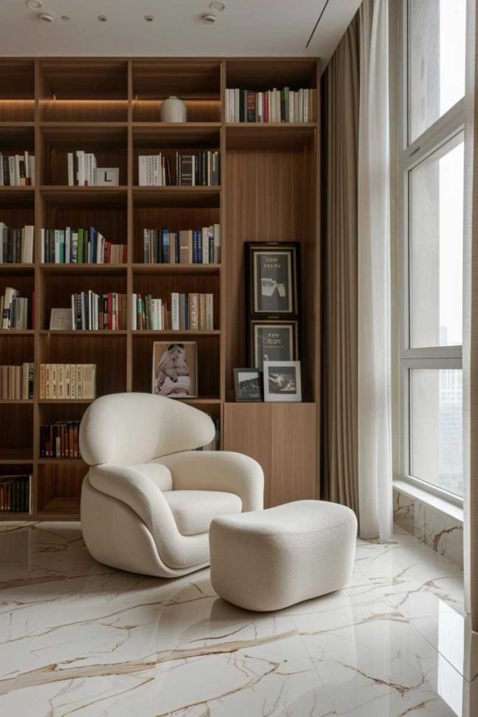 A cozy white armchair with a suitable Ottoman sits in front of a bookshelf filled with floor to the ceiling with books and framed photos, next to a large window with beige curtains.