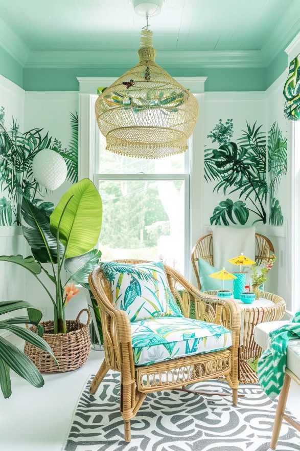 A bright room with leaf wallpaper, corrugical chairs with tropical pillows, a woven ceiling light, different inner plants and a gray -white patterned carpet.