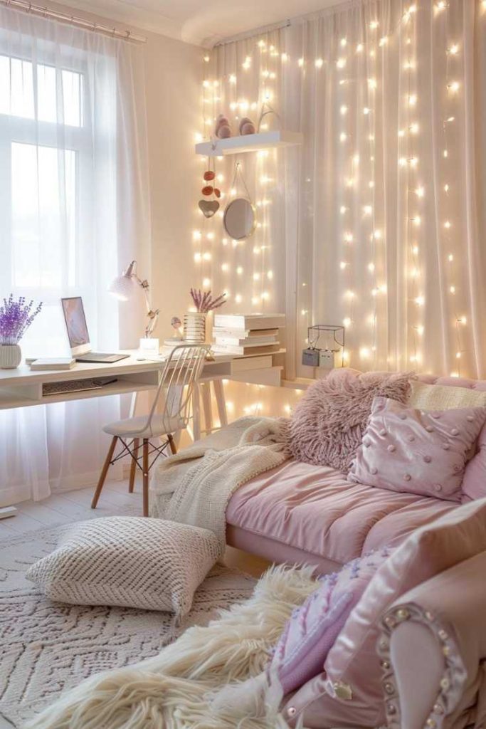 Cozy room with a pink sofa, decorative pillow, a desk with a computer, a chair, soft lighting and lights on the wall.