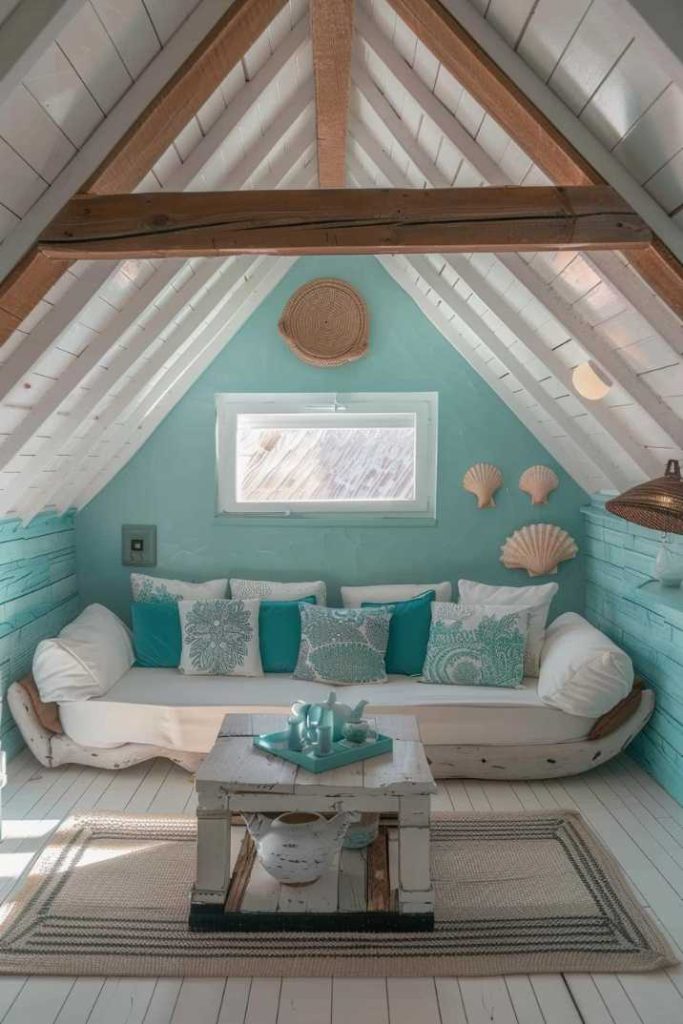 A cozy attic with a decor with a beach motif with a white couch with blue -green and white pillows, a rustic coffee table and a mussel wall art on light blue and white wooden walls.