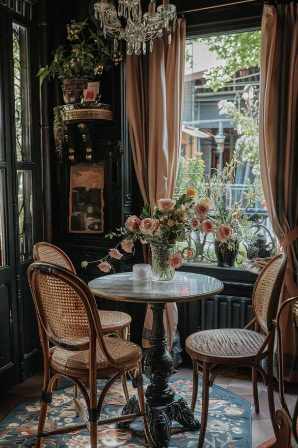 A small round table with a flower arrangement in a vase, surrounded by three wooden chairs with woven seats, which is located in a cozy room from a window with curtains and a top lighter.